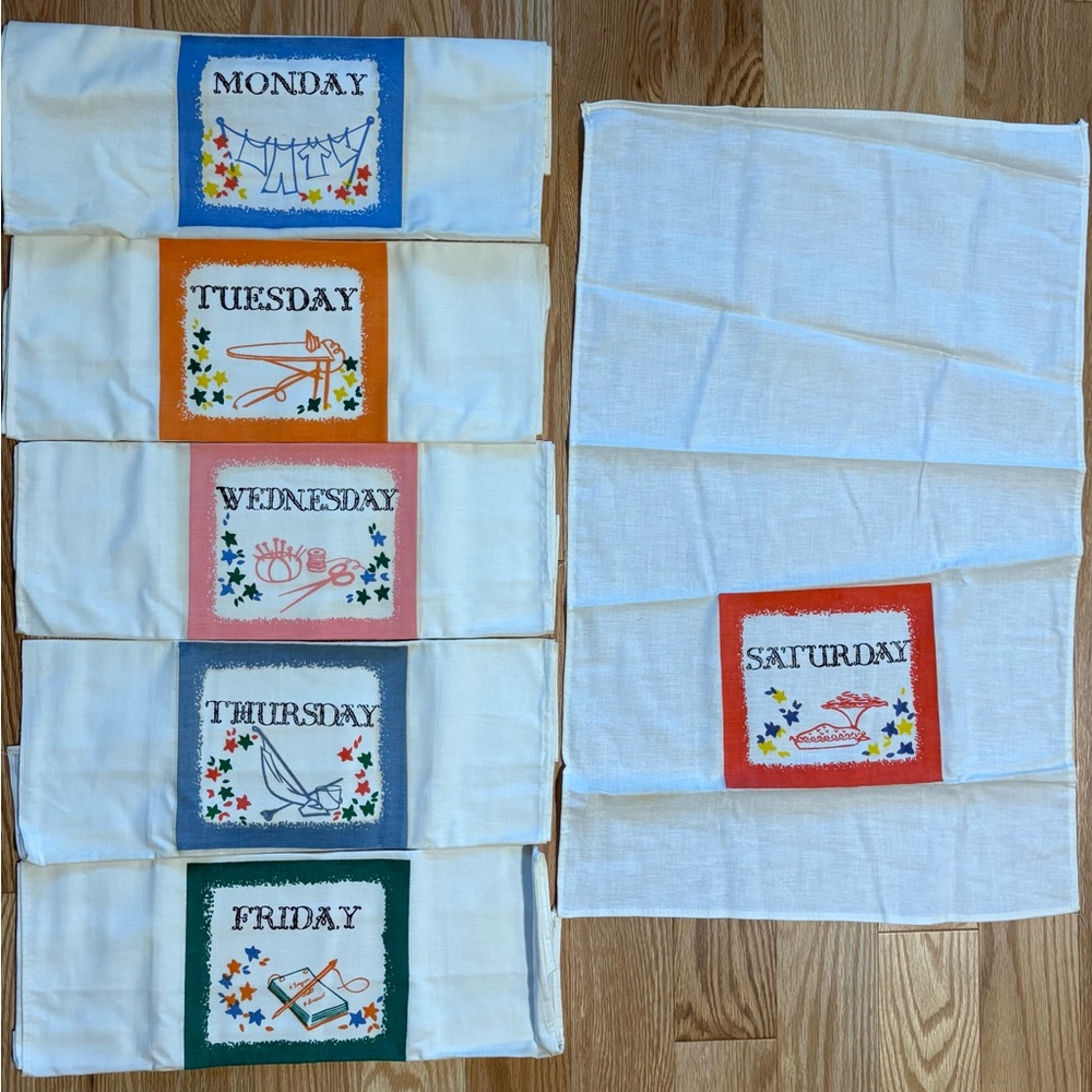 NEW Vintage Set of Embroidered Day-of-the-Week Towels